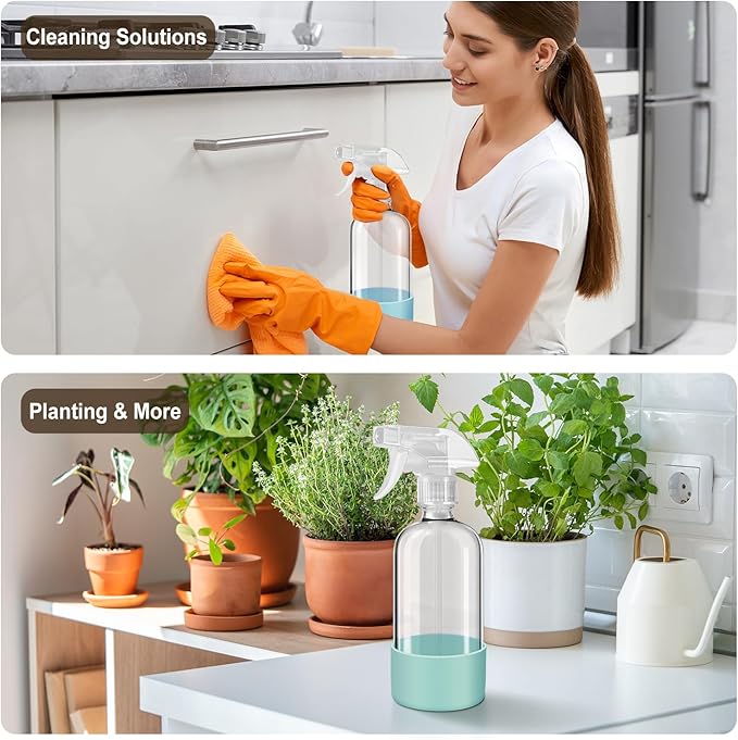 Glass Spray Bottles with Silicone Sleeves (2 Pack, 16 oz), Mist and Stream Empty Refillable Containers, Water Sprayer Misting Bottle for Cleaning Solutions, Planting, Hair Spraying, Green & Grey