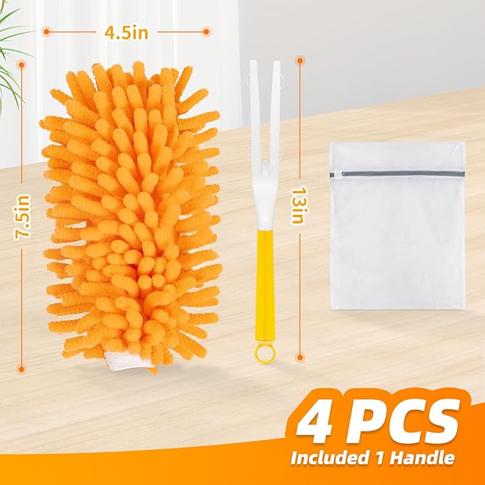 4 Pack Reusable Duster Refills for Swiffer, Microfiber 360 Heavy Duty Dusters Refills Compatible with Swiffer Hand Duster(Include 1 Handle & Laundry Bag)