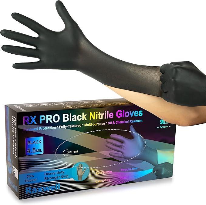 Raxwell Black Nitrile Gloves | Black Gloves Disposable Latex Free 4.5mil Powder Free, Food Safe Gloves, Cooking Gloves