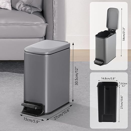 ELPHECO Bathroom Trash Can with Lid Soft Close 1.8 Gallon / 6.8 Liter Stainless Steel Garbage Can Slim Step with Removable Bucket for Bathroom, Office, Bedroom, Matte Grey