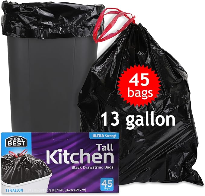 Heavy-Duty 1 Mil 13 Gallon Black Trash Bags (45 Count) - Drawstring, Leak-Resistant for Home & Commercial Use