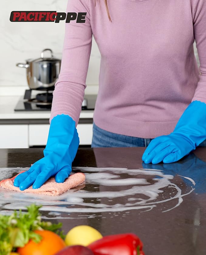 PACIFIC PPE 2 Pairs Reusable Dishwashing Cleaning Gloves with Latex Free, Cotton Lining, Kitchen Gloves, Blue, Medium