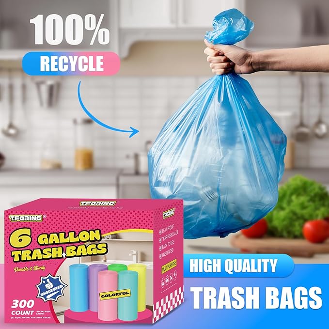 300 Count 6 Gallon Trash Bags - 22 Liter Colored Medium Garbage Bags Unscented 0.94 Mil Thick & Leakproof Wastebasket Liners for Kitchen Bathroom Home