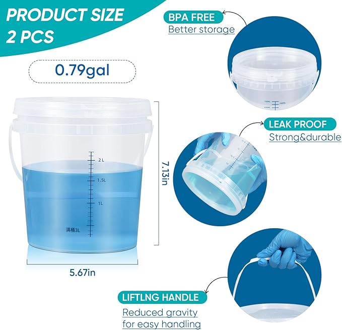 ASEVAT 0.8Gal 2Pack Clear Bucket Graduated Pail Container with Lid, Food Grade Buckets, Cleaning Containers Plastic Pails Extra Durable Handles with Grip for Easy Carrying