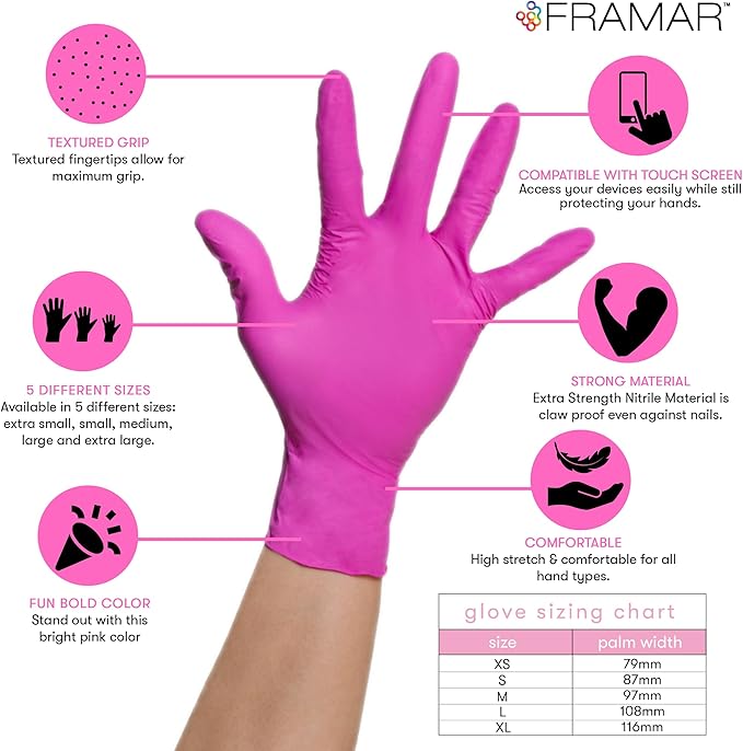 FRAMAR Pink Gloves Disposable Latex Free XS – Pink Nitrile Gloves XS, Nitrile Glove For Hair Dye, Salon, Cleaning, Tattoo, Food Prep, Non Latex Rubber, Extra Durable – 100 Pack