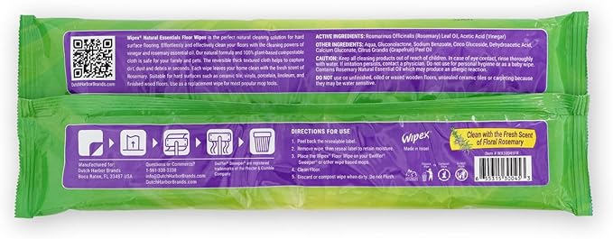 Wipex Natural Wet Floor Wipes - Rosemary Essential Oil & Vinegar - Textured Plant-Based Cloth to Trap and Absorb Dirt - Fit Swiffer Sweeper Mop - Wet Mop Pads Refills, Case Size, 16 Count (Pack of 12)