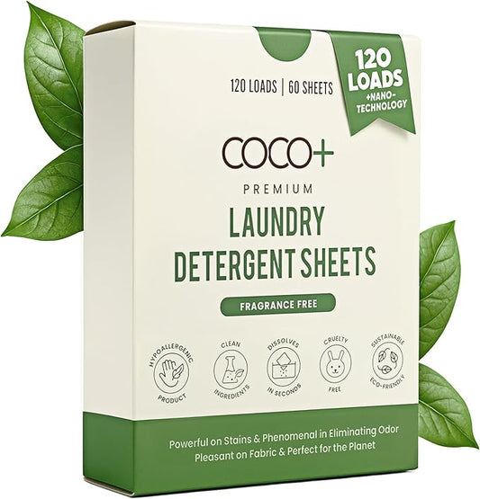 COCO+ Laundry Detergent Sheets - Nano-Concentrated with Enzymes, Hypoallergenic & Plant-Based - Deep Clean, Safe for Sensitive Skin - (120 Loads 60 Sheets) - Fragrance Free