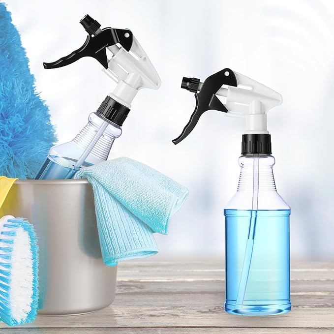 Eccliy 20 Pack 16oz Empty Spray Bottles, Leakproof Cleaning Bottles with Measurement and Adjustable Nozzle for Housekeeping, Commercial Use(Clear Cylinder,Black White Spray Head)