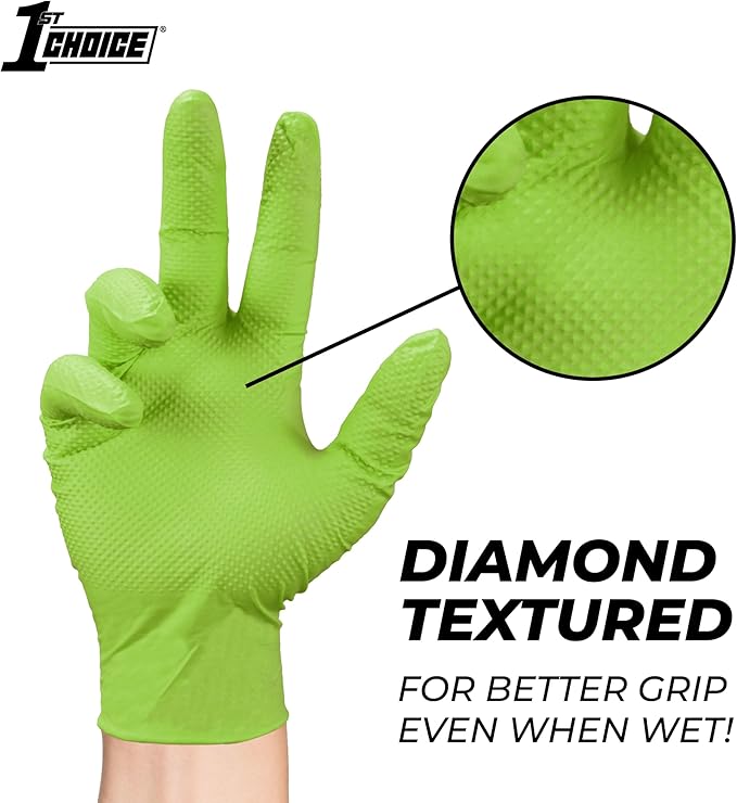 1st Choice 6 mil Orange and Green Nitrile Gloves, Disposable, Latex Free Raised Diamond Grip Mechanic Glove for Men and Women