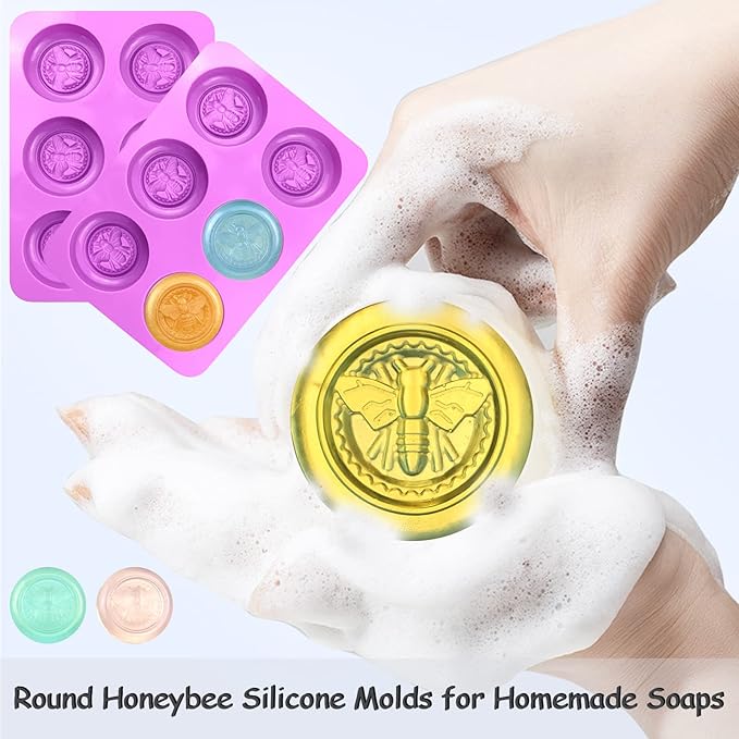 2 Pack Silicone Soap Molds, 3D 6-Cavity Round Bee Silicone Molds Homemade Soaps, Lotion Bar, Jello, Bath Bomb, Beeswax, Resin, Candle, Chocolate and Dessert (Purple)