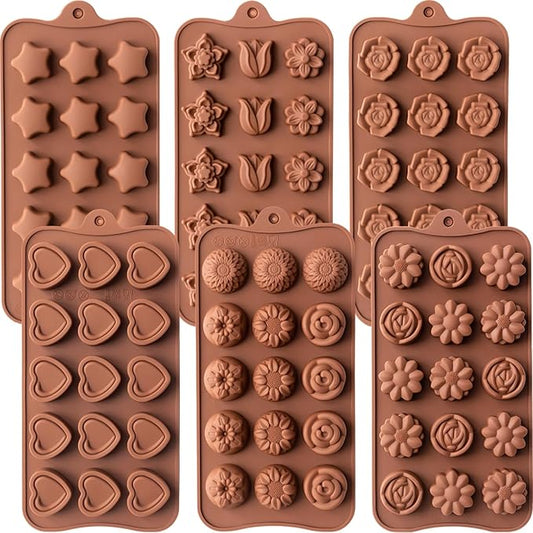 6 Pcs Silicone Chocolate Mold Set - Food-Grade Non-Stick Candy Molds Cookery Moulds for Chocolate, Candy, Jello, Soap & Crayon - Flower Shapes