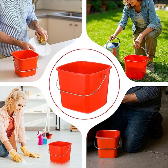 6 Pcs 3 Quart Plastic Cleaning Bucket, Small Square Detergent Pail with Handles, Utility Bucket for Home, Office, Kitchen, School, Commercial Use,（Red）