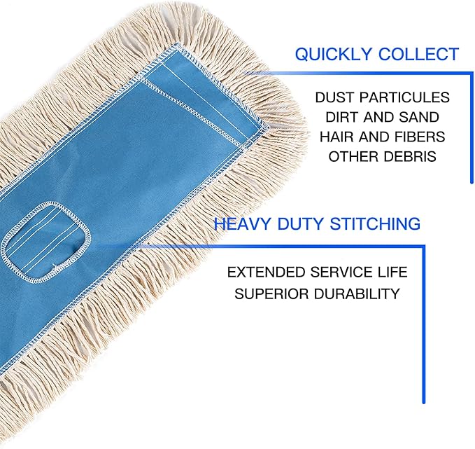 Matthew Cleaning 36'' Industrial Strength Cotton Dust Mop Refill Washable Replacement Heads for Residential & Commercial Use Fit Standard Dust Mop Frames, Hardwood, Concrete Floors Blue&White 12 Pack