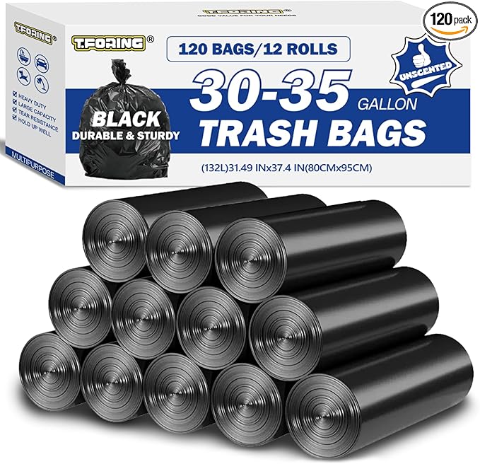 30-35 Gallon Black Trash Bags 120 Count - 32" x 37" Large Garbage Bags, 30+ Gallon Strong Trash Can Liners for Home, Commercial Use,Yard Waste, Bulk