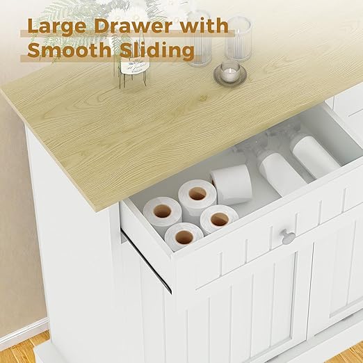 20 Gallon Tilt Out Trash Cabinet, 2-Door Wood Freestanding Garbage Recycling Cabinet with Hideaway Drawer & Pet Proof Design, White Trash Bin Holder for Kitchen, Living Room