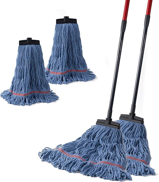 Matthew Commercial&Residential Mop Heavy Duty Industrial Mops with Screw-on Handle(Fit Standard American Screw) Looped-End String Wet Cotton Mops for Home,Office,Workshop - 2 Set&2 Mop Replacements