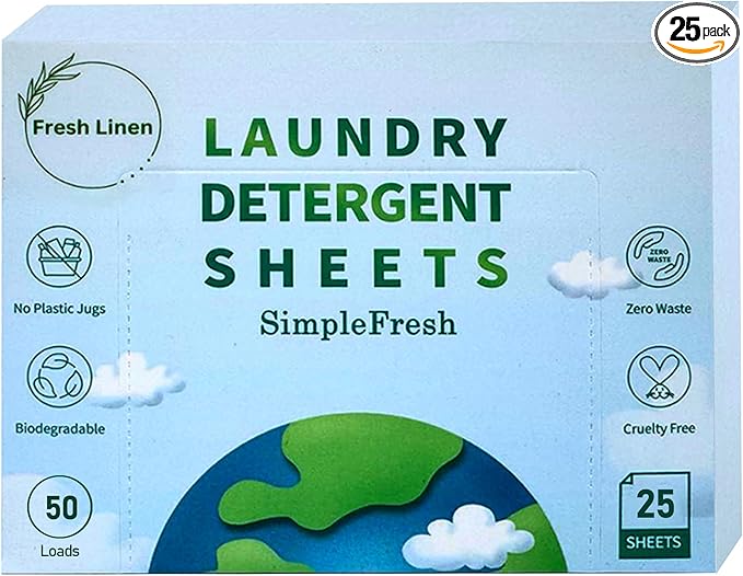 25 Laundry sheets 50 loads | Fresh Linen scent - Laundry Detergent Sheets, Eco-Friendly, Plant-Based, Hypoallergenic, No Plastic Jug Kindly (Fresh Linen)