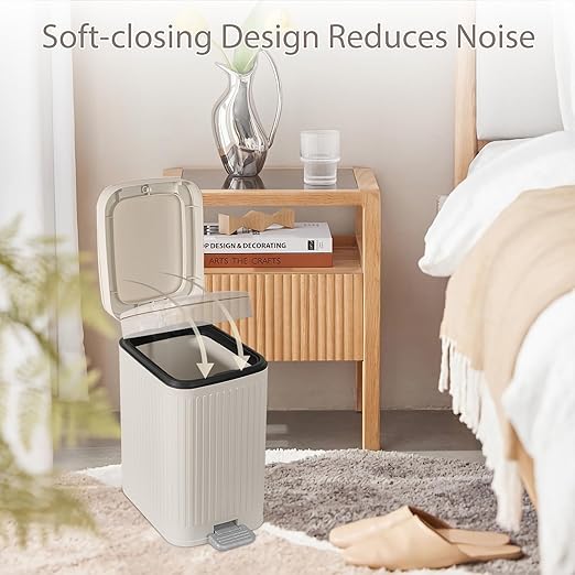 rejomiik Small Bathroom Trash Can with Lid 1.9 Gallon Step Trash Can Slim Garbage Can with Soft-Close Waste Bin for Bathroom, Bedroom, Office, Dorm, RV, Off-White