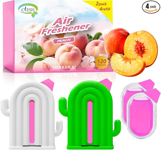 Air Freshener for Home, 2 Pack, 2 Refill, Peach Scent, Odor Eliminator, Up to 120 Days, Cactus-shaped Freshener for Closet Bathroom, Cute Home Decor, White and Green