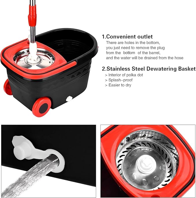 Spin Mop and Bucket with Wringer Set on Wheels, 360° Spinning Mop Bucket System with 3 Microfiber Mop Replacement Heads and 61" Stainless Steel Adjustable Handle for Floor Cleaning (25QT)