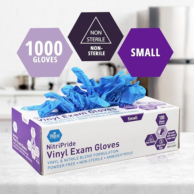 MED Pride Latex Free, Powder Free, Non Sterile Nitrile Vinyl Ambidextrous Single Use Medical Exam Gloves for Cooking, Cleaning (Small 1000)
