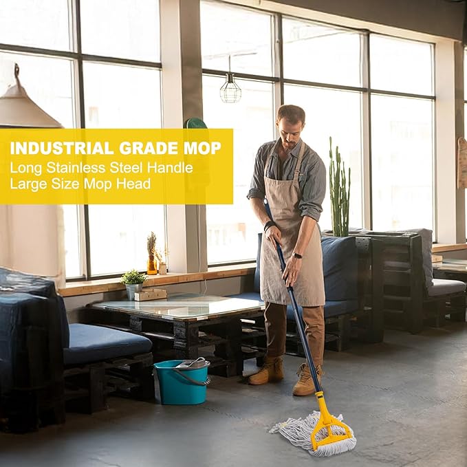 Commercial Mop with 3 Extra Large Replacement Heads,59" Long Handle Heavy Duty Industrial Mops for Floor Cleaning,Looped-End String Wet Cotton Mop for Home,Kitchen,Office,Garage,Concrete/Tile Floor