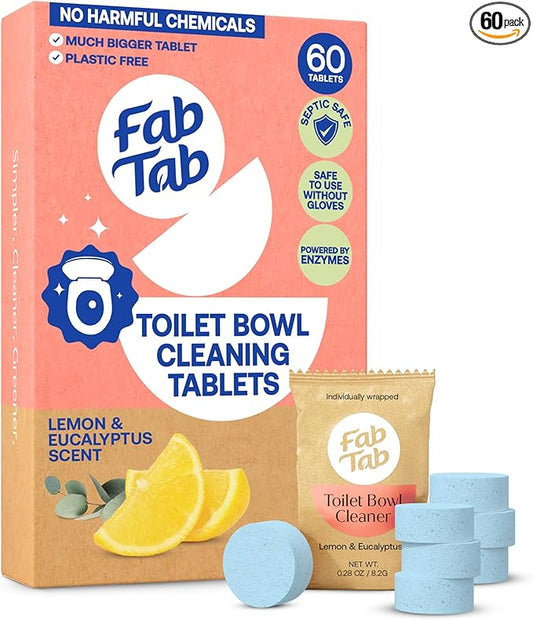 Fab Tab Bowl Cleaning Tablets - Drop-In Formula Removes Rust & Lime Buildup, Lemon Eucalyptus Scent, Septic System Compatible, Individually Wrapped