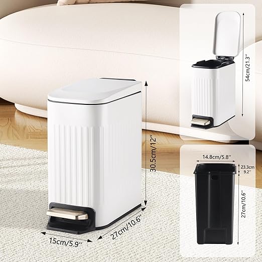 Slim Bathroom Trash Can with Lid Soft Close, Stainless Steel Garbage Can Step Trash Bin with Removable Inner Bucket for Bedroom, Office, Kitchen (Matt White, 1.8 Gallons)