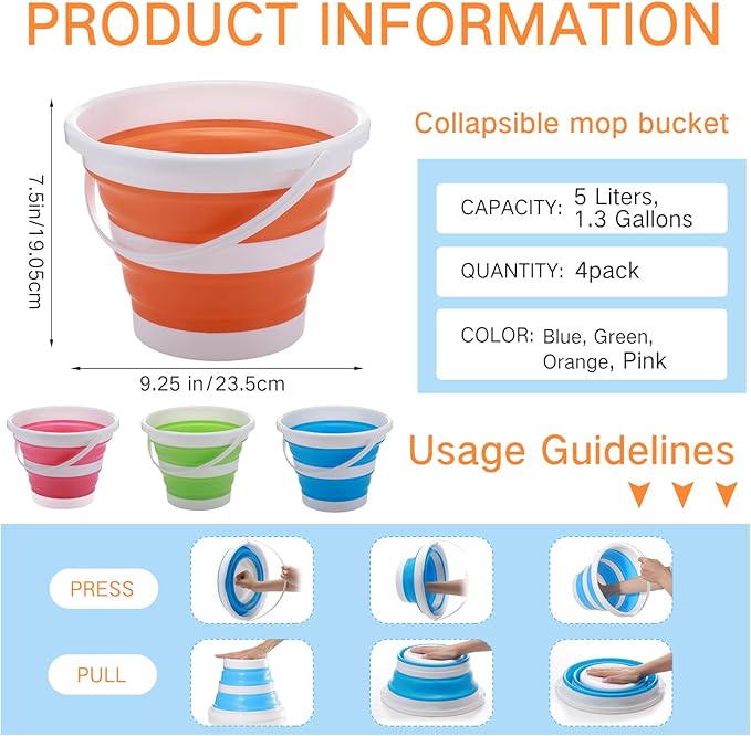 Pickmesh 4 Pcs Collapsible Bucket with Handle 1.3 Gallon (5l) Portable Ice Bucket Large Capacity Household Cleaning Dust Mops Outdoor Fishing Car Wash(Blue, Green, Orange, Pink)