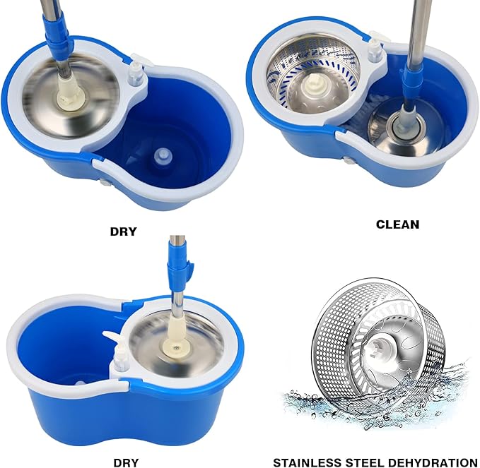 Mop and Bucket Set, 360° Spin Mop and Bucket with Wringer Set and 3 Microfiber Mop Refills, Stainless Steel 61'' Extended Handle Spinning Mop Bucket System for Floor Cleaning