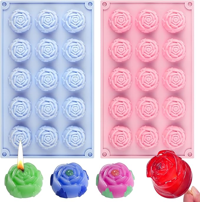 2PCS Flower Molds Silicone, 15-Cavities Small Rose Flower Silicone Molds, Non-Stick Rose Shape Valentine's Day Mold for Jelly Mini Soap Cake Mousse Ice Cream Tray Baking Molds