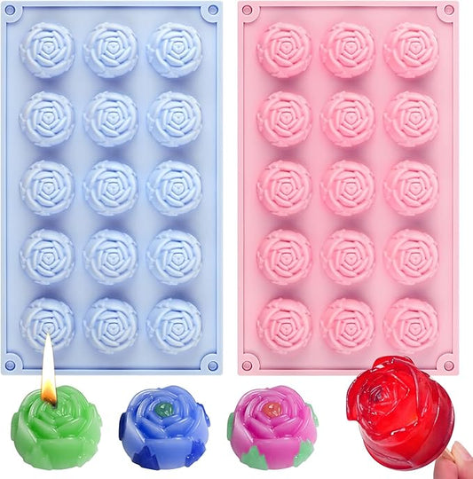 2PCS Flower Molds Silicone, 15-Cavities Small Rose Flower Silicone Molds, Non-Stick Rose Shape Valentine's Day Mold for Jelly Mini Soap Cake Mousse Ice Cream Tray Baking Molds