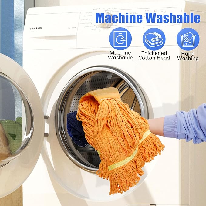 Heavy Duty Commercial Mop with 77inch Long Handle, Looped-End String Wet Mop with 12 Mop Heads for Home, Garage, Office Floor Cleaning (Blue-Orange)