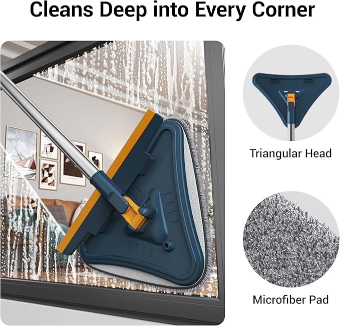 7-in-1 Wall Cleaner, Triangle Mop Set with 7 Replaceable Heads and Adjustable Long Handle for Walls, Floors, Windows, Ceilings, Baseboards (Navy Blue)
