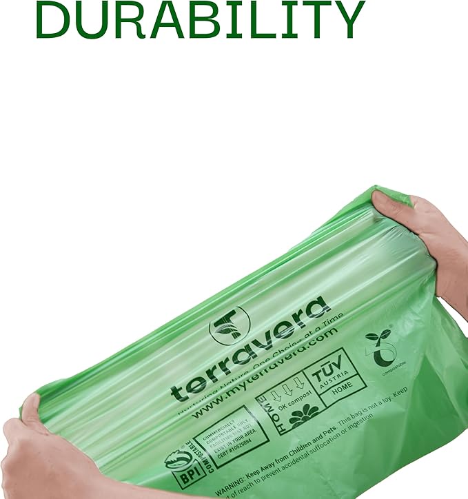 Compostable Trash Bags Bin Liners | BPI & OK Home Certified ASTM D6400 Standards | Heavy Duty Kitchen & Yard Waste Bags (13 Gallon Flat Top, 50 Count)