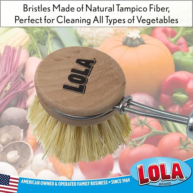 LOLA Replacement Head for The Original Tampico Vegetable & Dish Brush, 1.75" Head, Birchwood & Poly Bristles, Reusable & Washable, 1 Pack