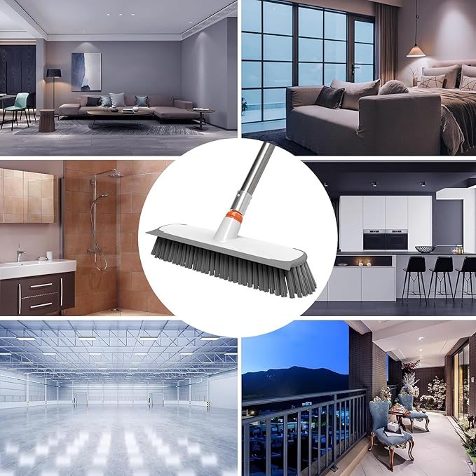 Heavy Duty Floor Scrub Brush and Grout Cleaner Set with Long Handle & Wide Floor Brush with Stiff Bristles Outdoor Scrubber for Cleaning Deck Tile Kitchen Swimming Pool Bathroom(2 Pack Brush Head)