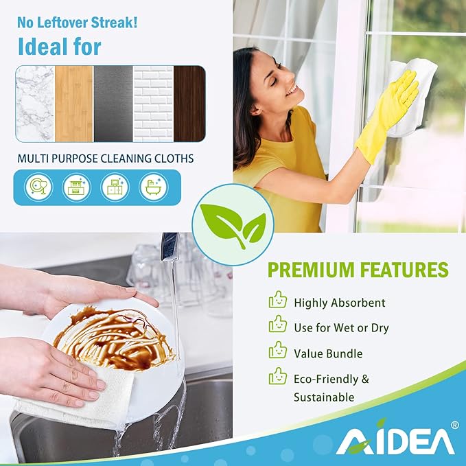 AIDEA Microfiber Cleaning Cloth White, 8PK, Absorbent Lint Free Rags, Scratch Free, Streak Free Microfiber Towels, Dish Towels White, 11.5in.x11.5in.
