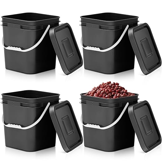 Mumufy 3 Pcs 3.5 Gallon Square Food Grade Bucket with Lid Square Bucket Pail with Plastic Handles for Storing Dry Food, Charcoal, Camping, Fishing (Black)