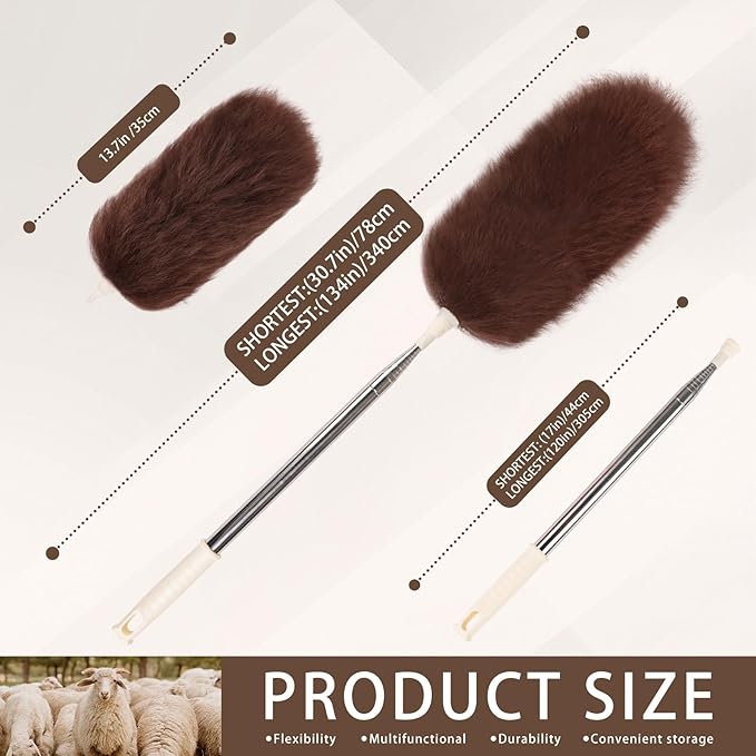 Extendable Lambswool Duster Stainless Steel Handle 133" Removable Feather Duster for Cleaning Ceiling Fans Interior Roof Furniture, Brown