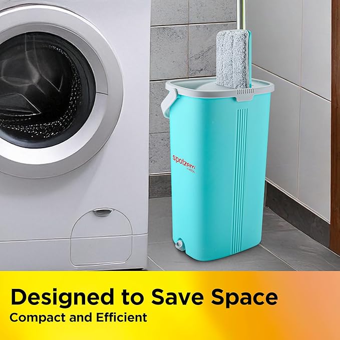 Spotzero by Milton Flat Mop and Bucket with Wringer Set, 5L – 360° Spin Mop for Floor and Wall Cleaning, Adjustable Handle, Easy Wring System, Includes 2 Reusable Microfiber Pads