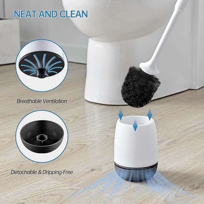 Toilet Brush, Toilet Bowl Brush and Holder Set for Bathroom, Toilet Cleaning Scrubber Cleaner Brush for Bathroom for Deep Cleaning with Stiff Plastic Bristle, Ventilated Holder (Black Head)