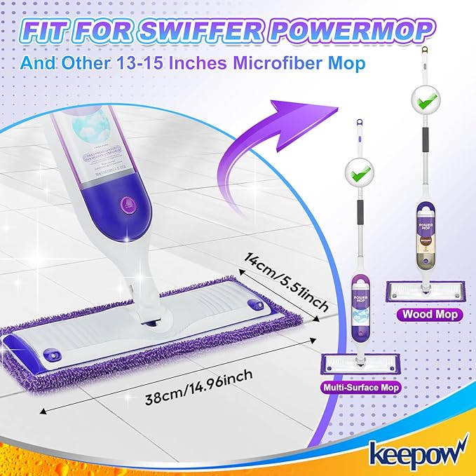 KEEPOW Reusable Mop Pads Compatible with Swiffer Power Mop Microfiber Mop Refills Replacement Wood Floor Pads Washable for All Floor Surfaces Cleaning, 4 Pack
