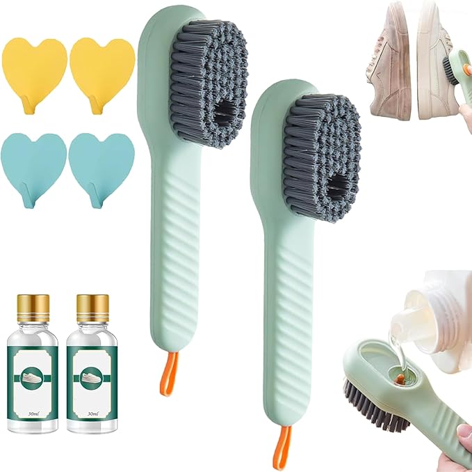 2 in 1 Multifunction Cleaning Brush, Multifunctional Cleaning Brush with Soap Dispenser, Liquid Filled Laundry Brush, Household Cleaning Clothes Shoes Brush with Liquid Box (2pcsGreen)