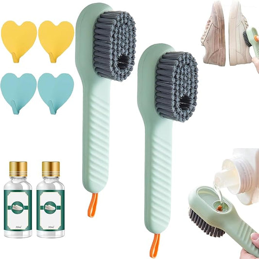 2 in 1 Multifunction Cleaning Brush, Multifunctional Cleaning Brush with Soap Dispenser, Liquid Filled Laundry Brush, Household Cleaning Clothes Shoes Brush with Liquid Box (2pcsGreen)