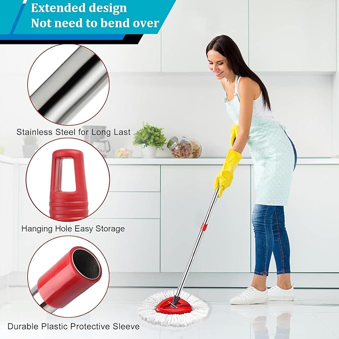 Spin Mop Head Replacement, Base, Mop Handle Compatible for O-Cedar EasyWring - Include 2 Microfiber Refills, 4-Section 30-59in Handle, 1 Cover and 1 Scrubber (1-Tank System)