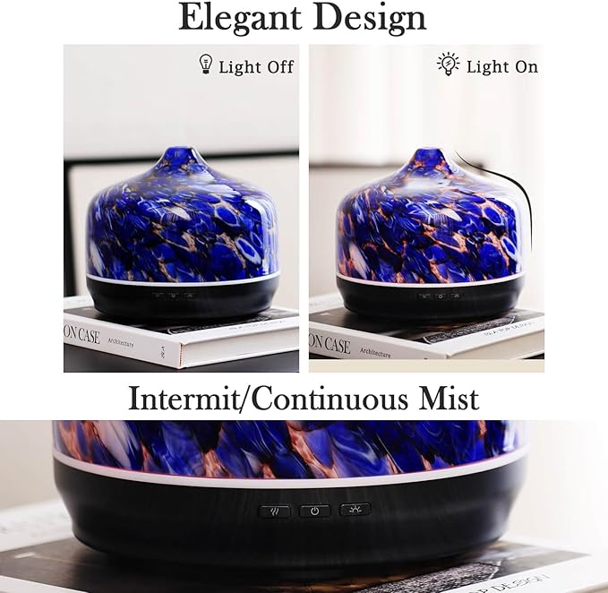 Porseme 500ml Glass Essential Oil Diffuser Aromatherapy Ultrasonic Cool Mist Humidifier 15-21 Running Hours Waterless Auto-Off Air Diffusers for Sleeping Yoga Office Working Spa and Rest (Deep Blue)