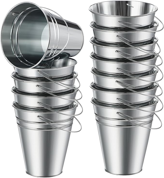 Sadnyy 12 Pack Metal Buckets with Handle, Galvanized Bucket 4.5 x 5 Inch Basket Bucket Party Supplies, Crafts for Christmas Halloween Candy Bars Vase Crafts(Silver)