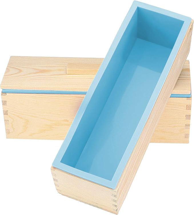 ZOENHOU 4 PCS 42oz Blue Soap Molds with 4 Wooden Lids, Flexible Rectangular Silicone Soap Making Molds Kit with Wood Box DIY Tool Set for Soap Making Supplies