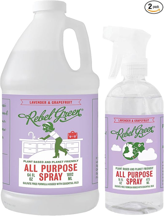 Rebel Green Natural 16 oz All-Purpose Cleaning Spray with 64 oz Refill Bottle - Plant-Based Multi-Surface Cleaner for Kitchen, Bath, Countertops and More - Lavender & Grapefruit Scent